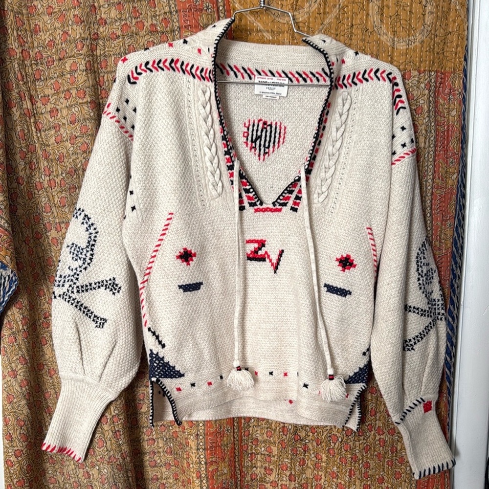 Zadig & Voltaire Cream V-Neck Sweater with Red Accents
